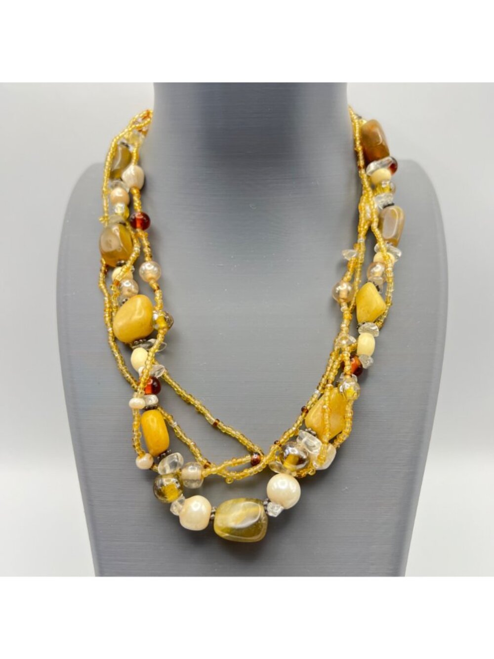Multi Strand Quartz Glass Bead Necklace  Honey Amber Brown Cream 17-20.25" Boho - Picture 2 of 13